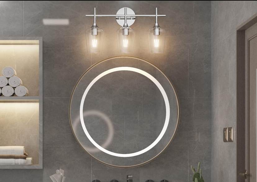 3‑Light Chrome Vanity Light with Clear Glass Shades