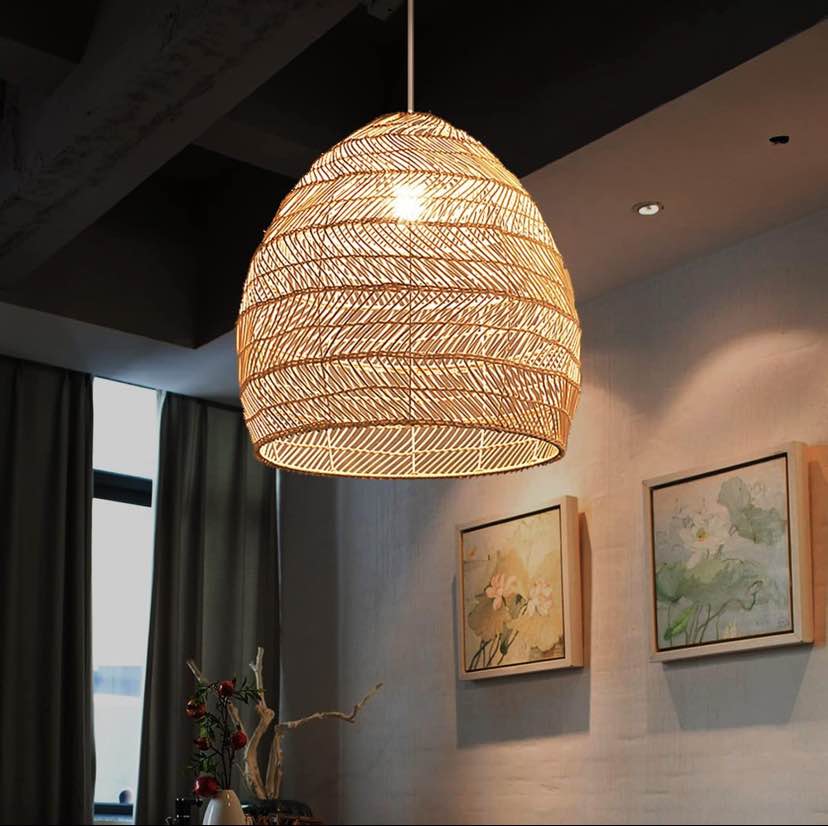 Large Woven Rattan Dome Pendant Light