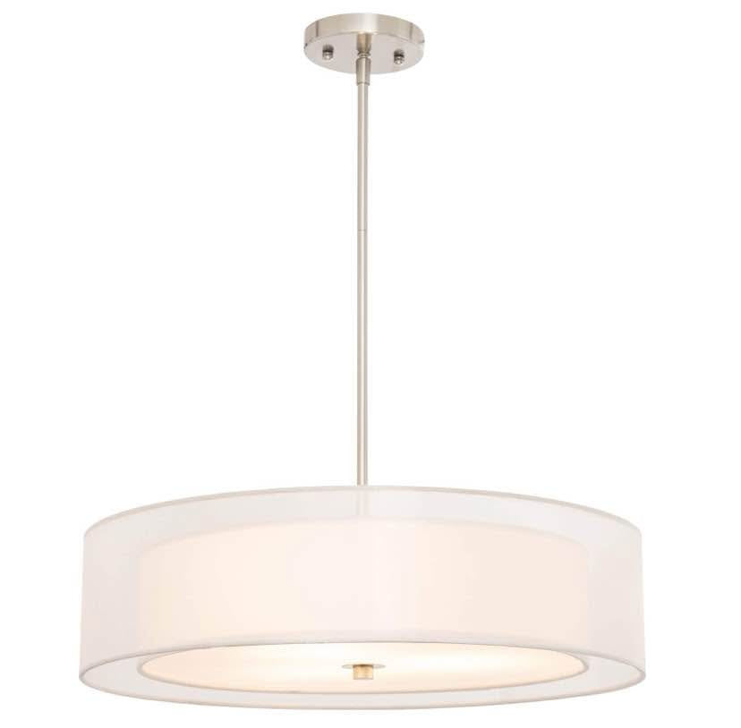 Brushed Nickel Drum Pendant Light - White Fabric Shade
