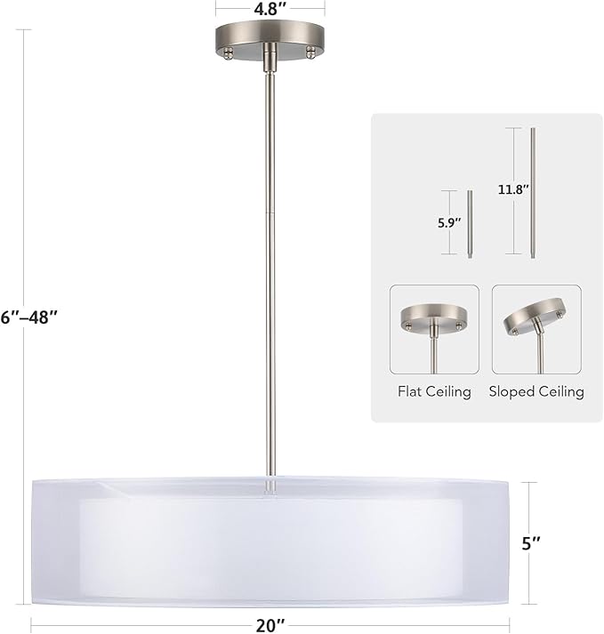 Brushed Nickel Drum Pendant Light - White Fabric Shade