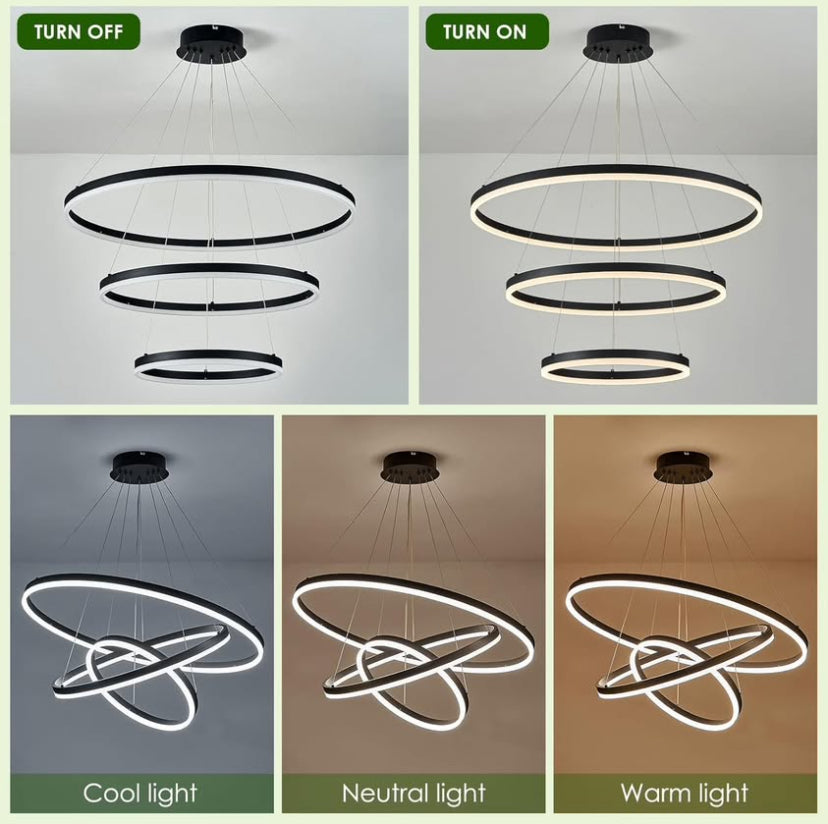Designer Multi‐Ring LED Chandelier — Multi‐Tone Lighting & Architectural Statement