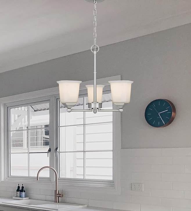 3-Light Chandelier - Brushed Nickel with White Frosted Glass Shades