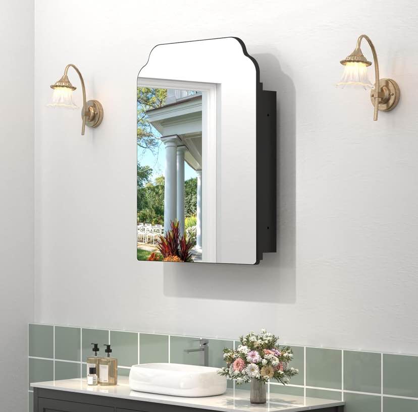 Medicine Cabinet Mirror - Black Frame Wall Mount with Storage