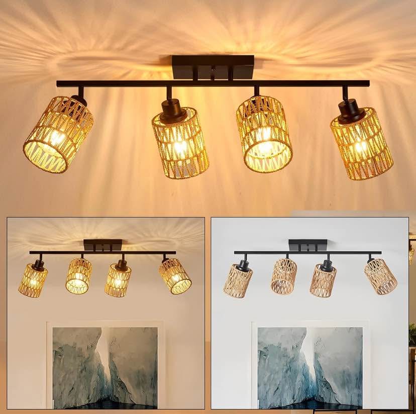 4-Light Track Lighting - Black & Natural Rattan Shades