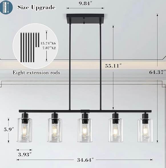 Industrial 5-Light Ceiling Fixture – Black Metal + Glass Shades