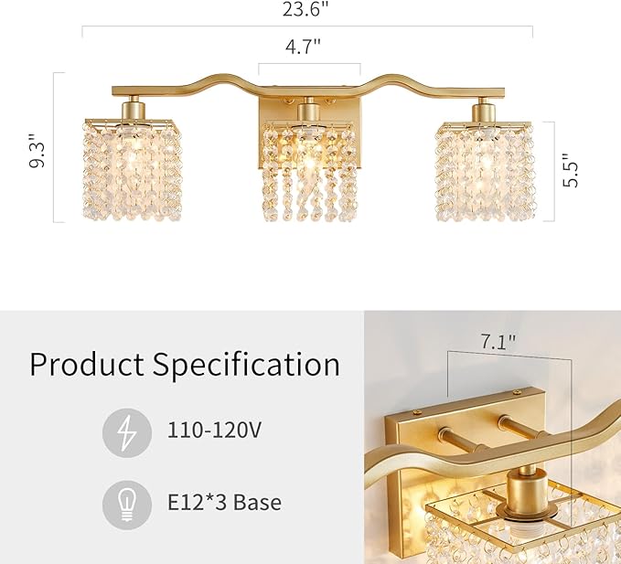 Gold 3-Light Crystal Vanity Light