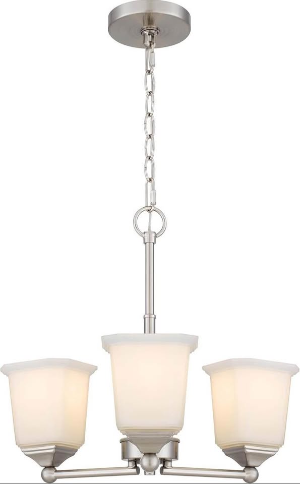 3-Light Chandelier - Brushed Nickel with White Frosted Glass Shades