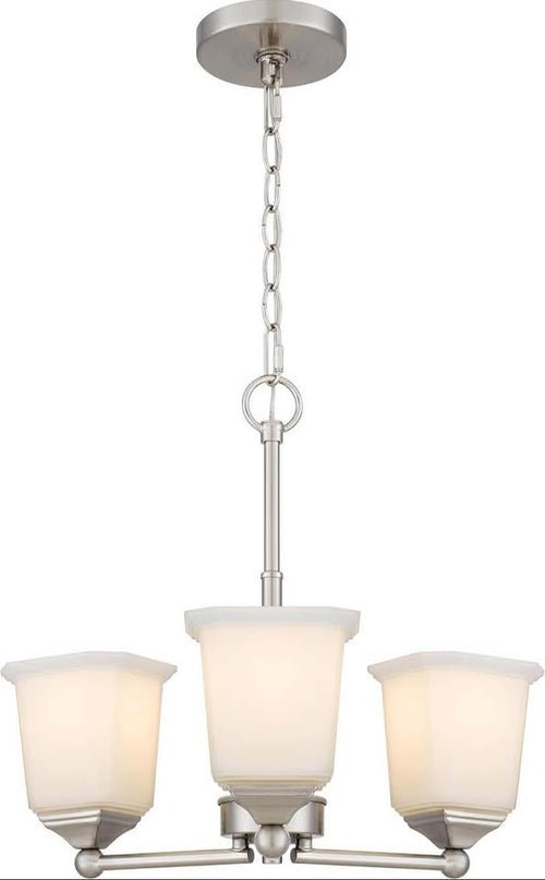 3-Light Chandelier - Brushed Nickel with White Frosted Glass Shades