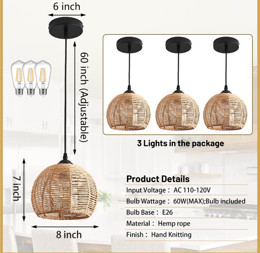 Three Dome‑Style Hemp Rope Pendants