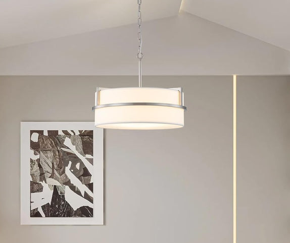 White Drum Pendant Light with Brushed Metal Accents
