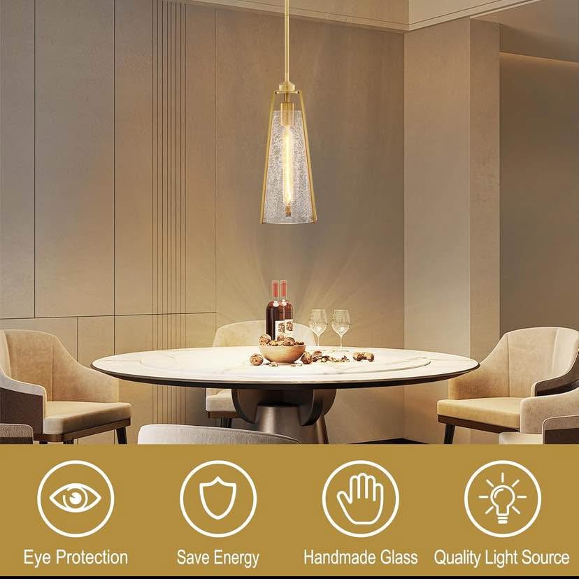 Tapered Pendant Light (Brushed Brass) – Handmade Seeded Glass Shade