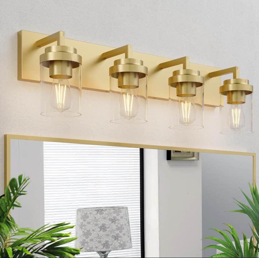 Brushed Gold Vanity Light – Glass Cylinder Fixture with Flexible Mounting