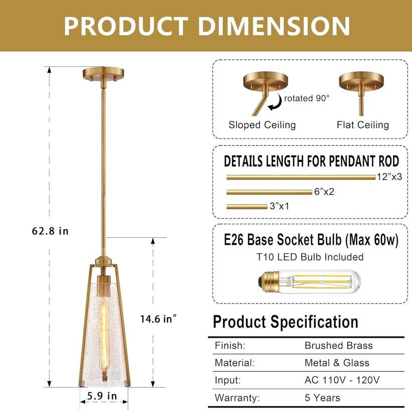 Tapered Pendant Light (Brushed Brass) – Handmade Seeded Glass Shade