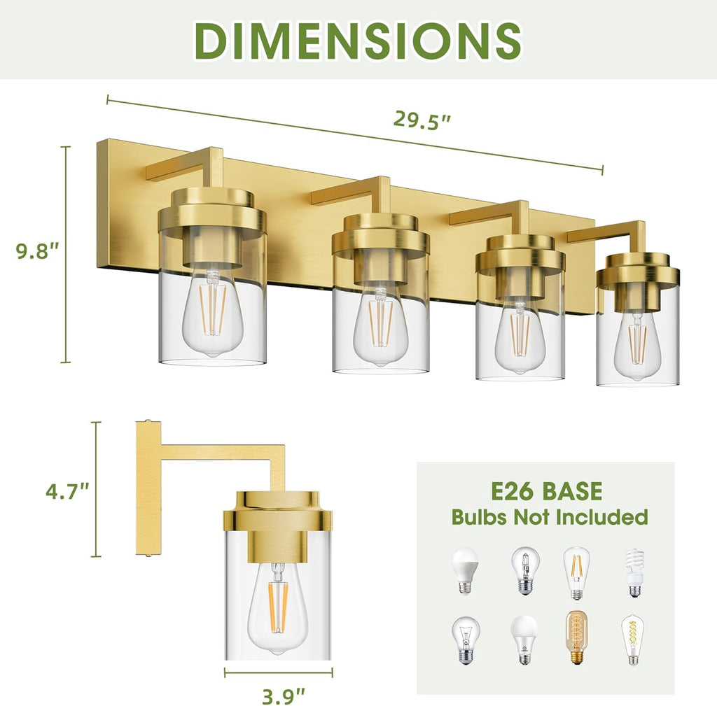 Brushed Gold Vanity Light – Glass Cylinder Fixture with Flexible Mounting