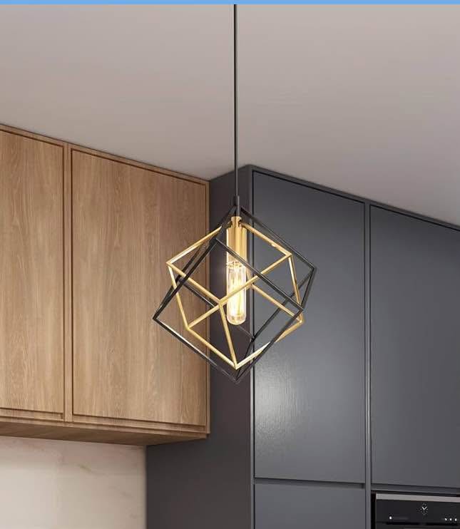 Geometric Pendant Light - Black & Gold Cage Design