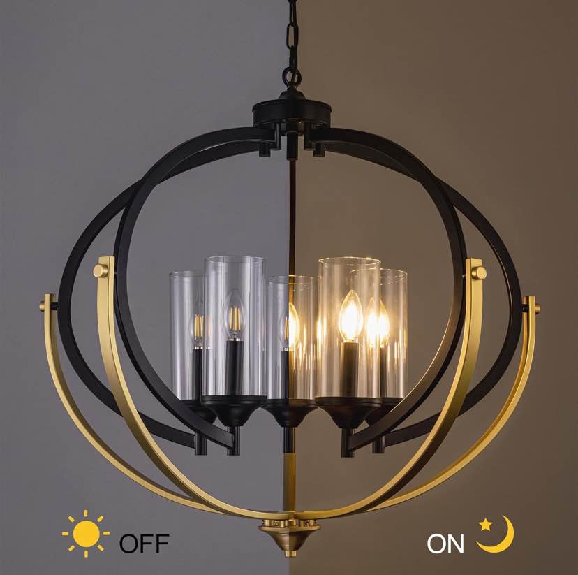 Black & Gold Globe Orb Chandelier with Glass Cylinders