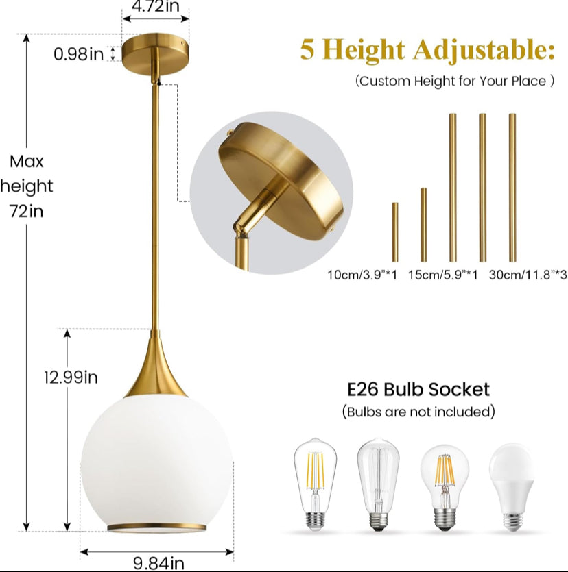 Gold Globe Pendant Light - White Glass Shade