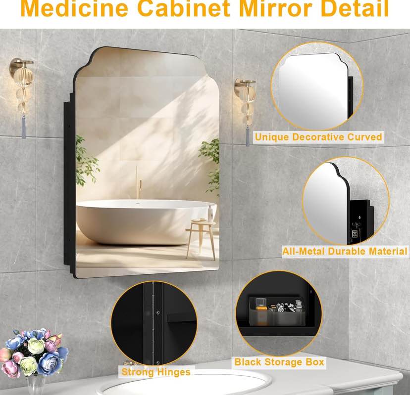 Medicine Cabinet Mirror - Black Frame Wall Mount with Storage