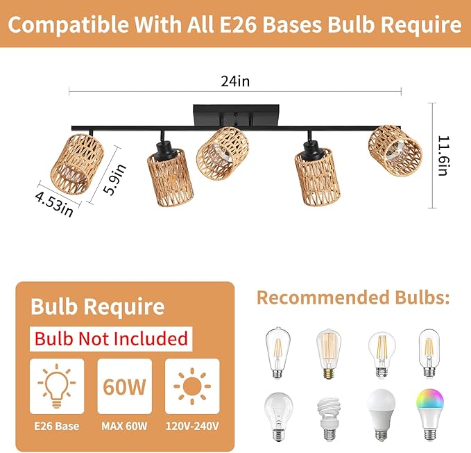 4-Light Track Lighting - Black & Natural Rattan Shades