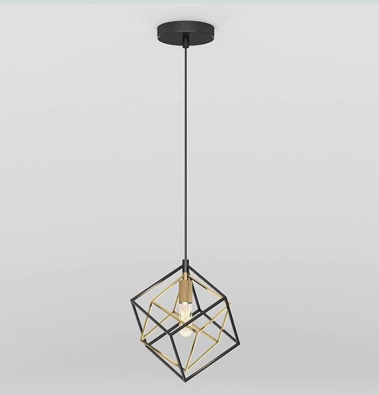 Geometric Pendant Light - Black & Gold Cage Design