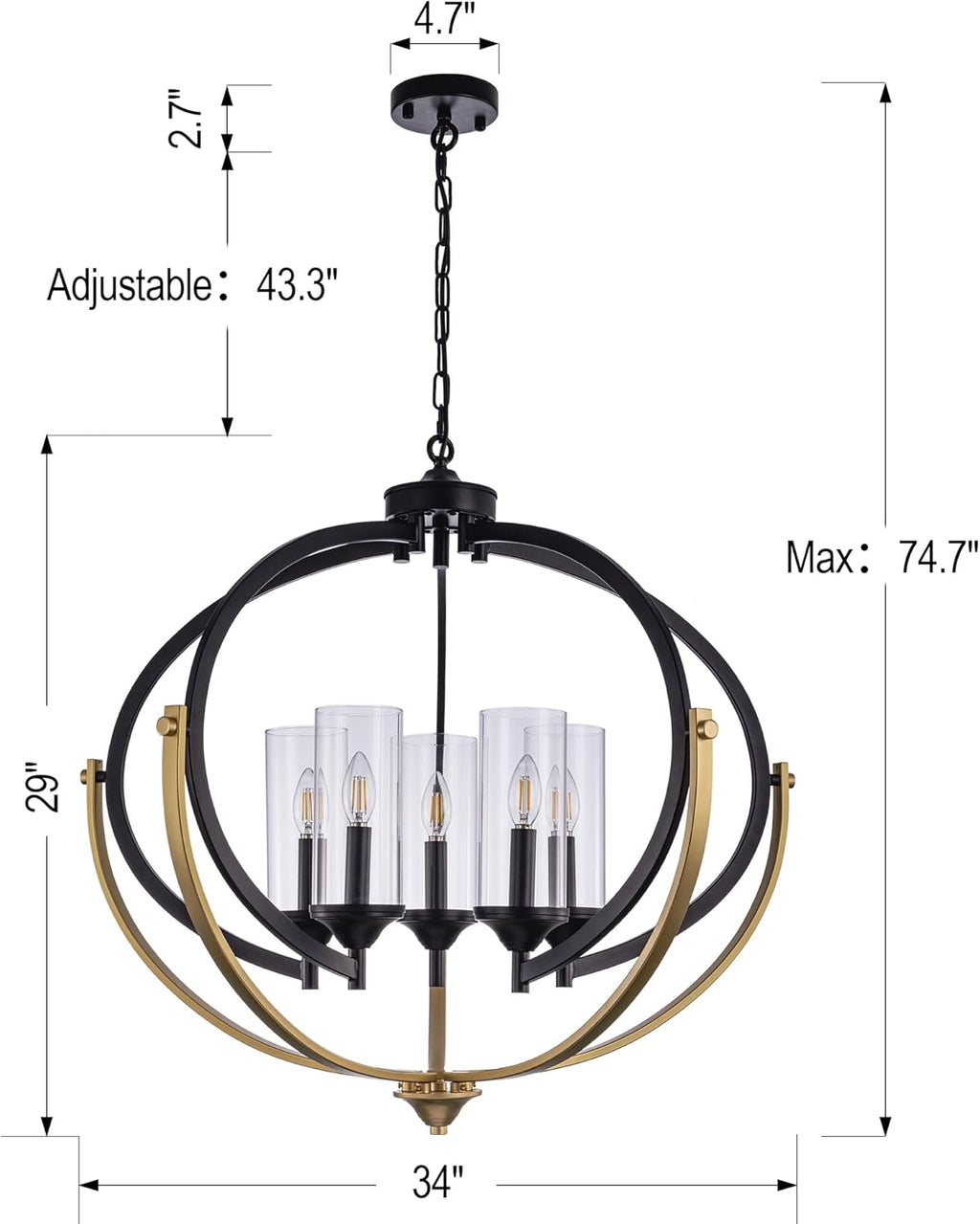 Black & Gold Globe Orb Chandelier with Glass Cylinders