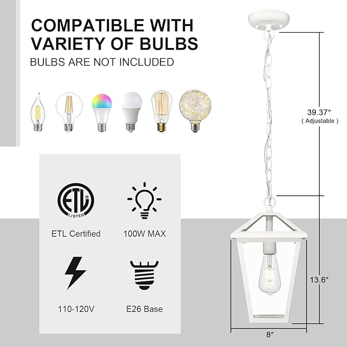 White Farmhouse Lantern Pendant Light - Classic Hanging Light Fixture