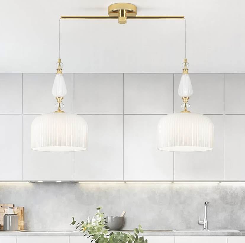 Elegant Pleated Double Pendant Light – Gold Accents & Frosted Shades