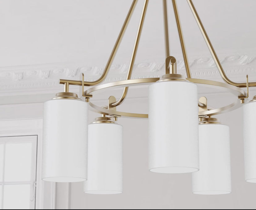 Brushed Gold 5-Light Chandelier with White Glass Shades