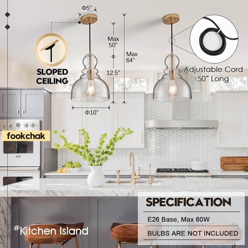 Seeded Glass Pendant Light - Farmhouse Kitchen Island Lighting with Gold Accents