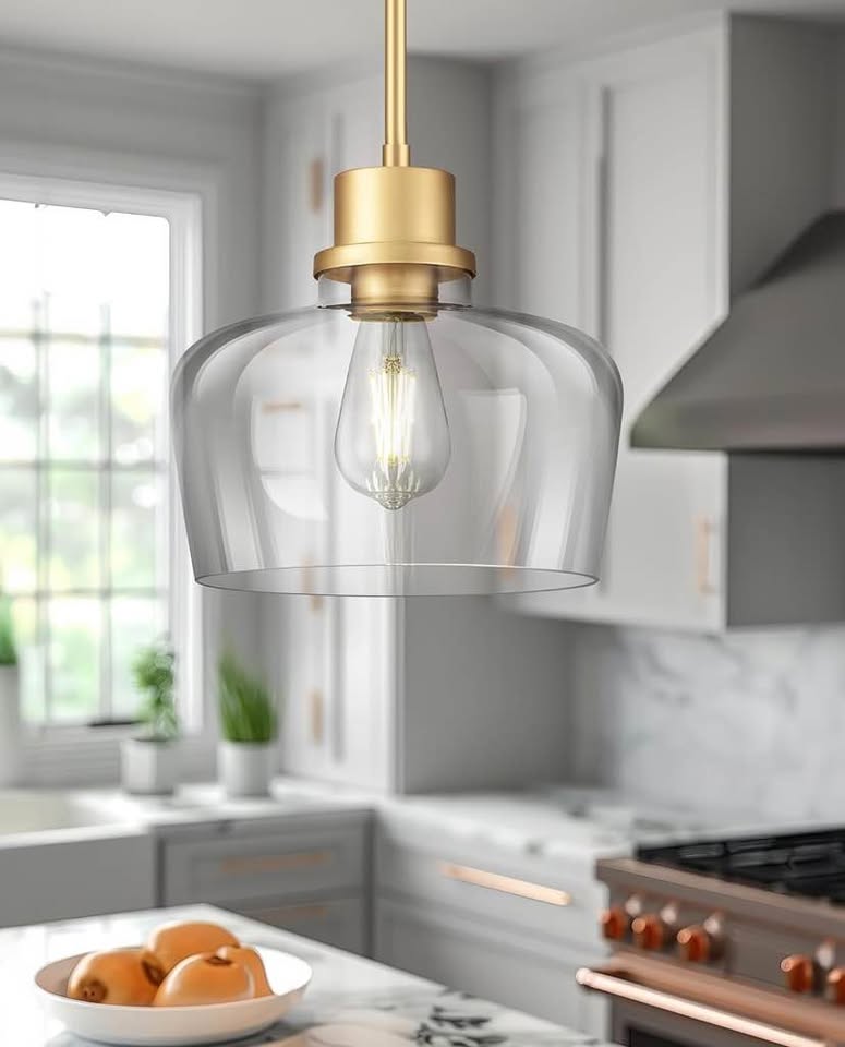 Gold Glass Pendant Light - Clear Bell Shade Kitchen Island Fixture