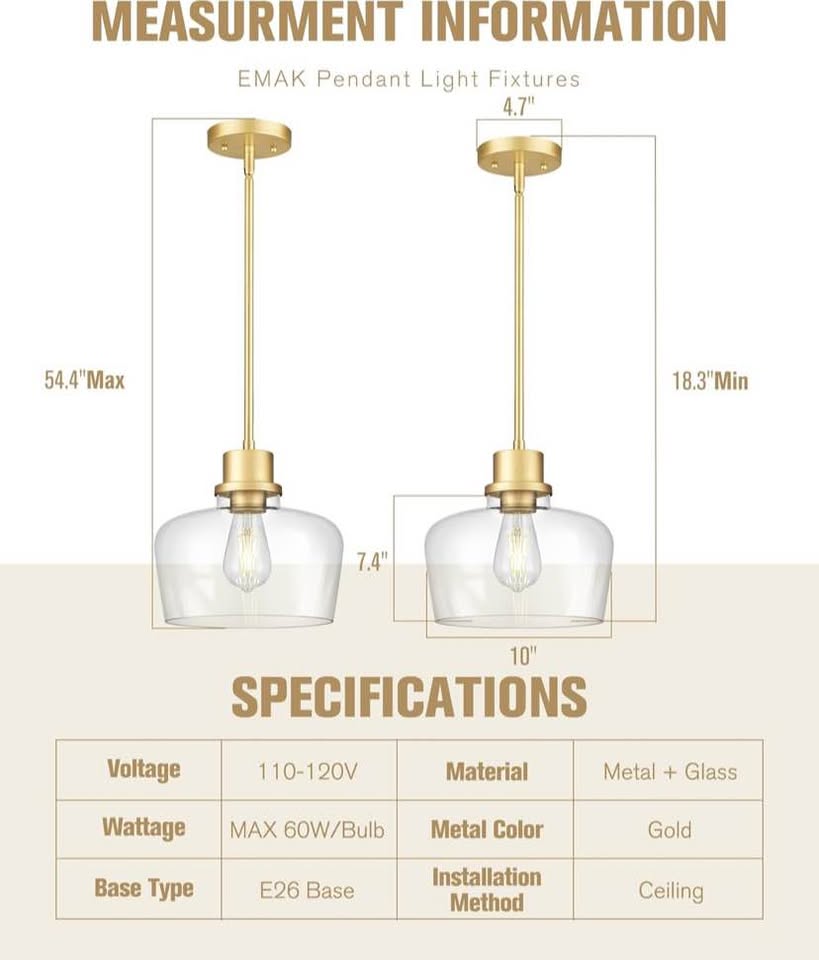 Gold Glass Pendant Light - Clear Bell Shade Kitchen Island Fixture