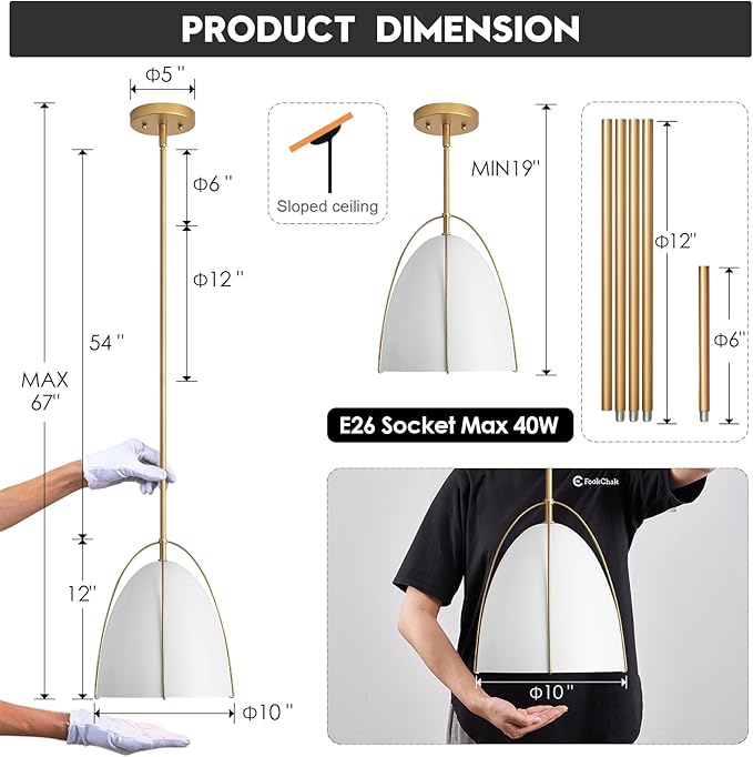 Modern Dome Pendant Light - Gold Frame with White Shade