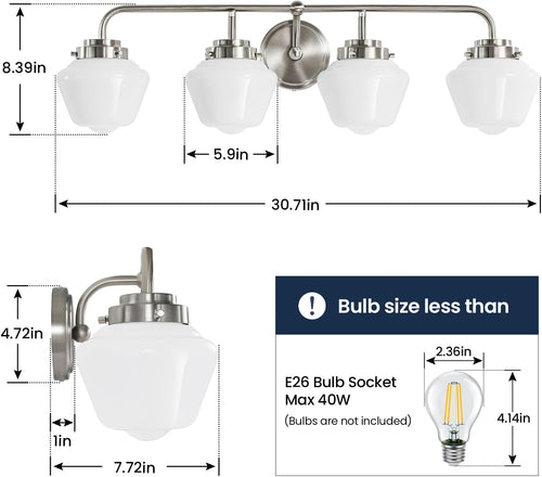 4 Light Brushed Nickel Bathroom Vanity Light with Schoolhouse Shades