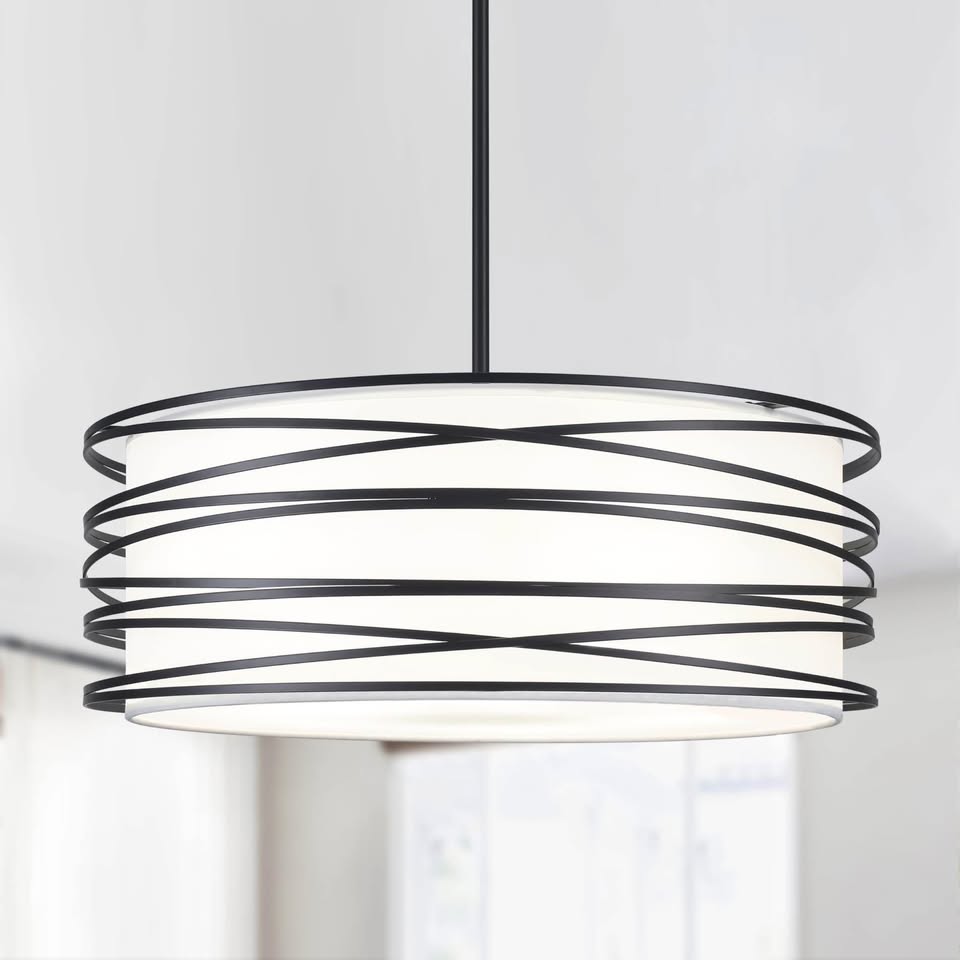 Black Pendant Light with White Fabric Shade