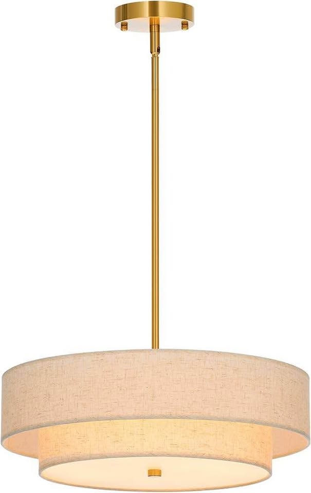 LUXURY Brass Drum Pendant Light - Adjustable Height with Fabric Shade