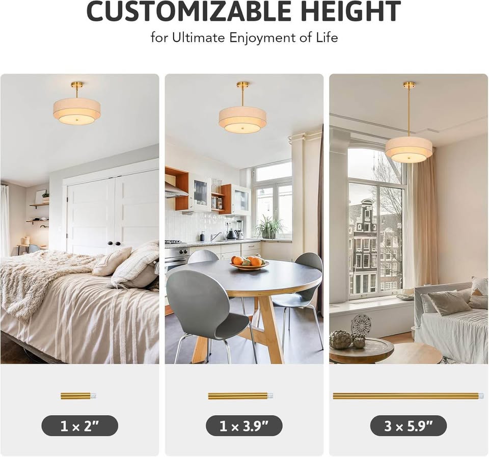 LUXURY Brass Drum Pendant Light - Adjustable Height with Fabric Shade