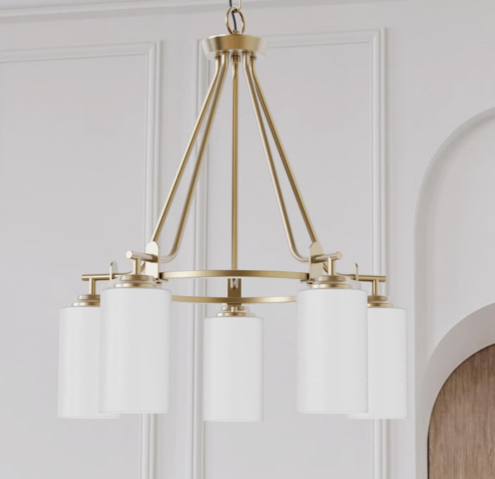 Brushed Gold 5-Light Chandelier with White Glass Shades