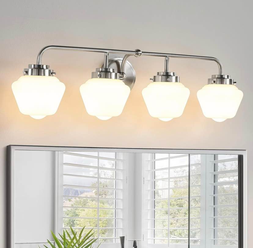 4 Light Brushed Nickel Bathroom Vanity Light with Schoolhouse Shades