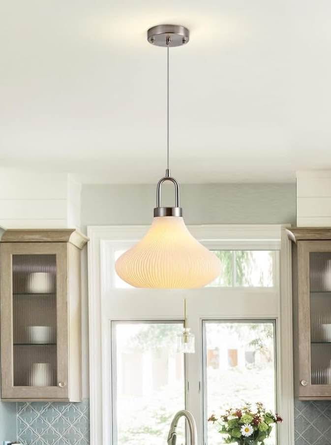Stylish Kitchen Island Pendant - Ribbed Glass & Nickel Finish