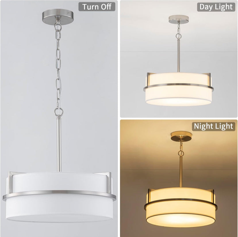 White Drum Pendant Light with Brushed Metal Accents