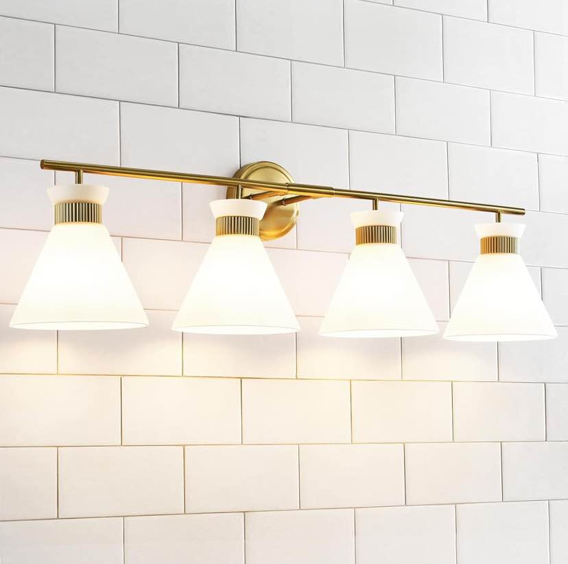 Gold 4-Light Vanity Fixture – Frosted Glass Elegance