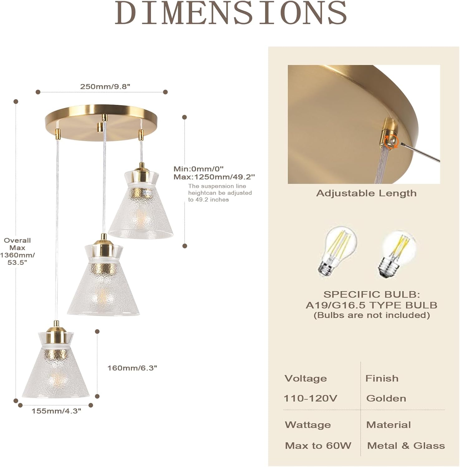 3‑Light Pendant Fixture with Clear Textured Glass