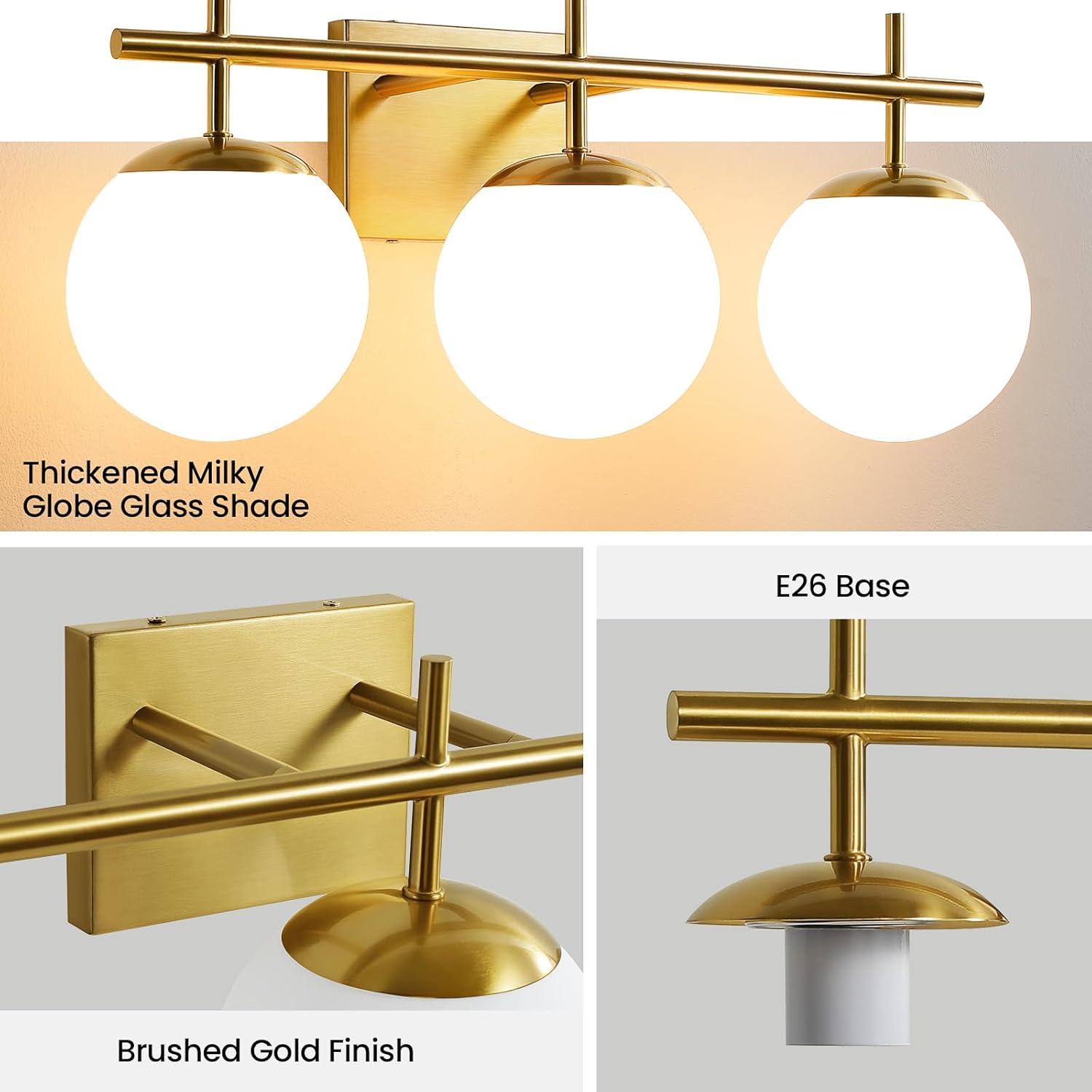 3-Light Gold Bathroom Vanity Light – Milky Globe Glass Wall Fixture