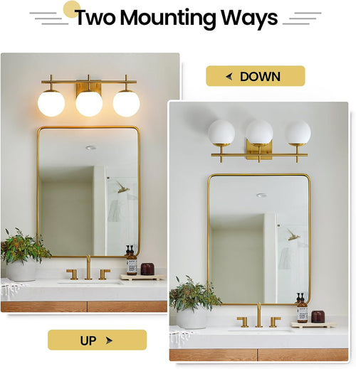 3-Light Gold Bathroom Vanity Light – Milky Globe Glass Wall Fixture