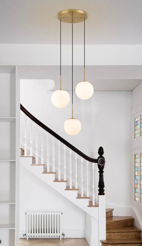 3-Light Globe Pendant Chandelier – Brushed Gold & Frosted White Glass