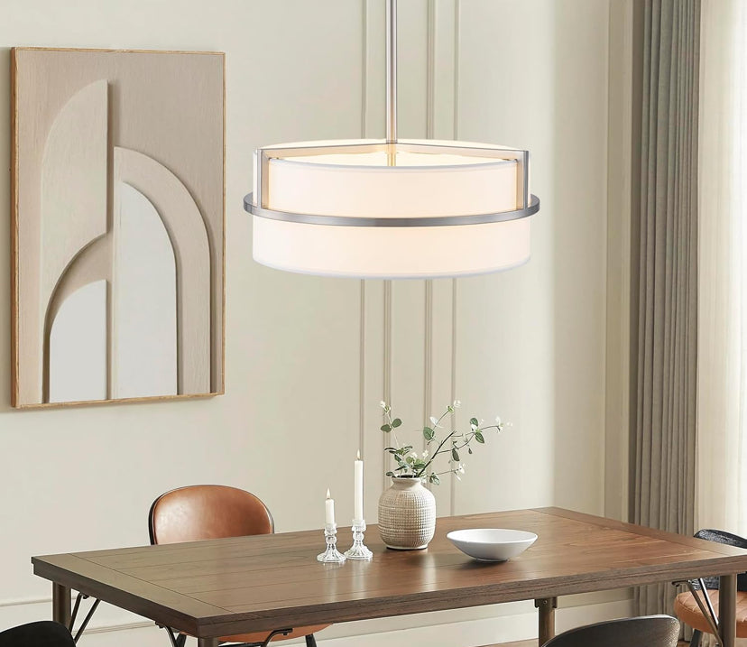 White Drum Pendant Light with Brushed Metal Accents